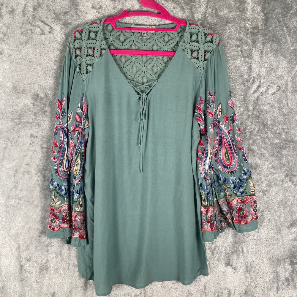 Figueroa‎ & Flower Peasant Blouse Womens M Green Excellent Embroidered Lace Boho